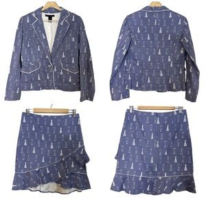 Parallel Womens Novelty Print Blazer and Ruffle Skirt Set Size M Blue Chambray